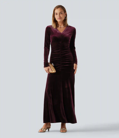 V Neck Long Sleeve Ruched Bodycon Velvet Party Maxi Dress