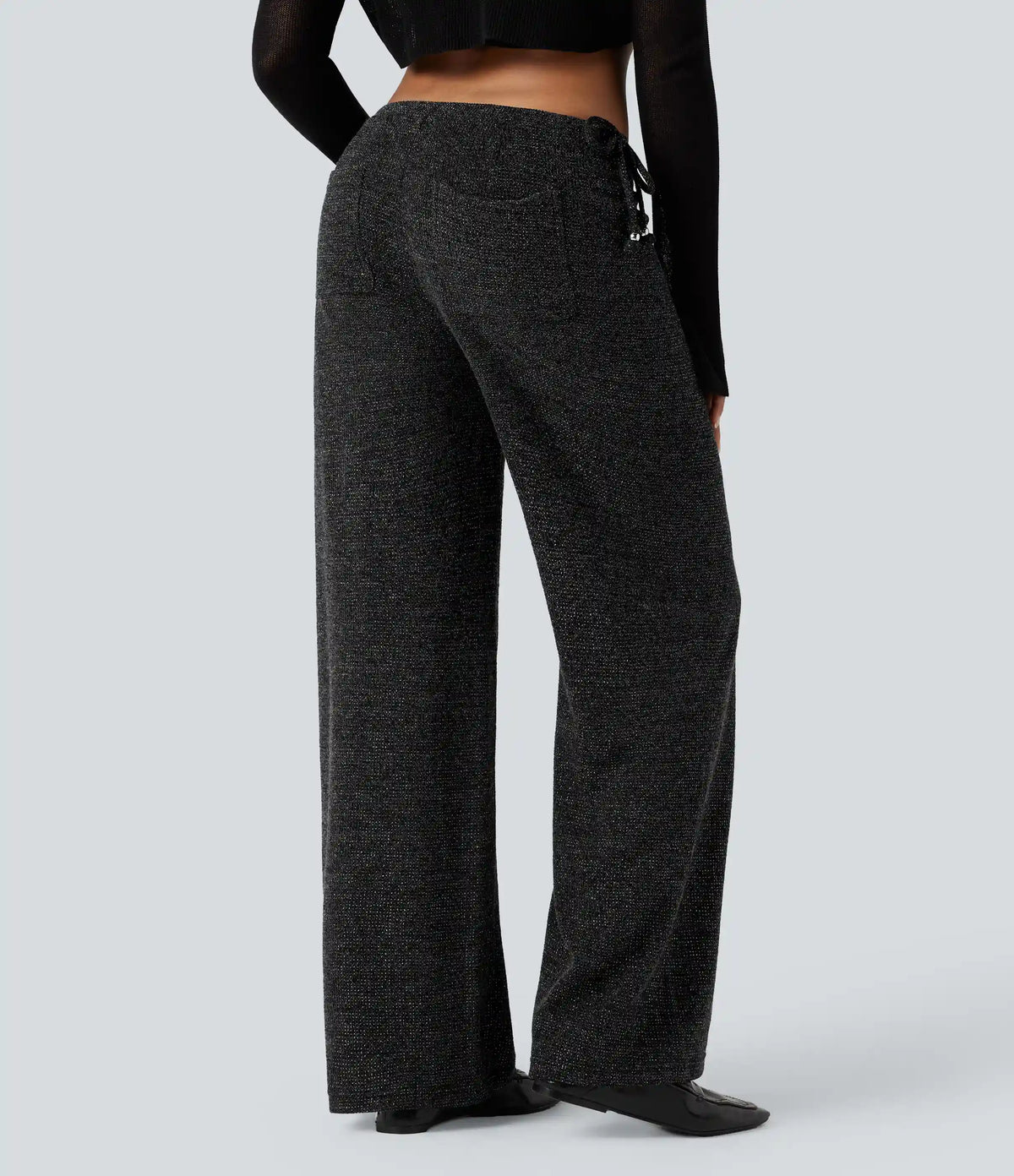 Ribbed Knit Sparkle Mid Rise Drawstring Wide Leg Casual Pants with Pockets
