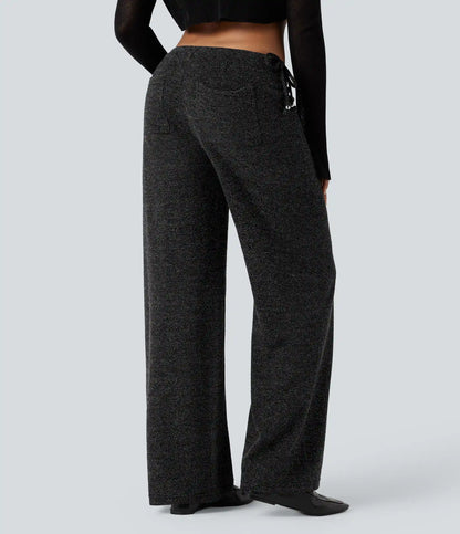 Ribbed Knit Sparkle Mid Rise Drawstring Wide Leg Casual Pants with Pockets