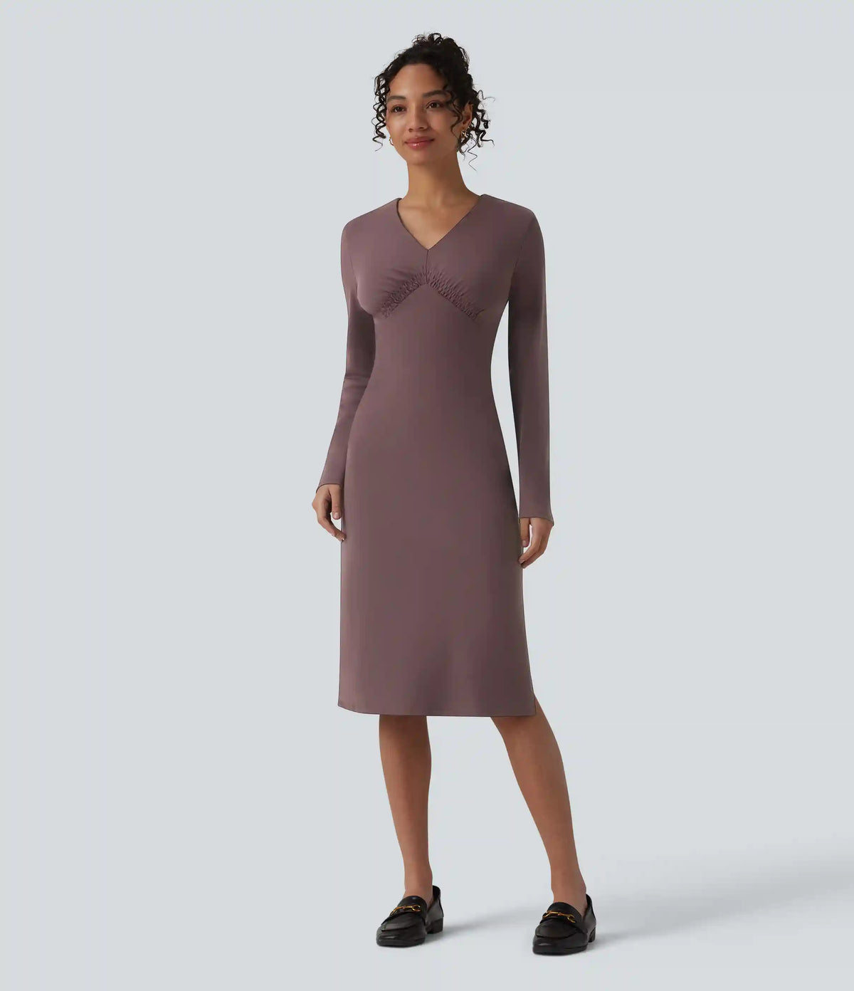 V-Neck Long Sleeve Ruched Split Midi Work Dress
