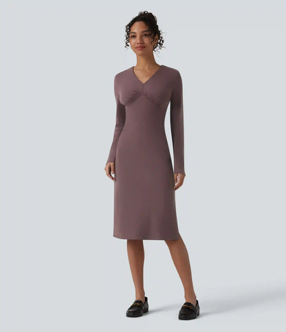 V-Neck Long Sleeve Ruched Split Midi Work Dress