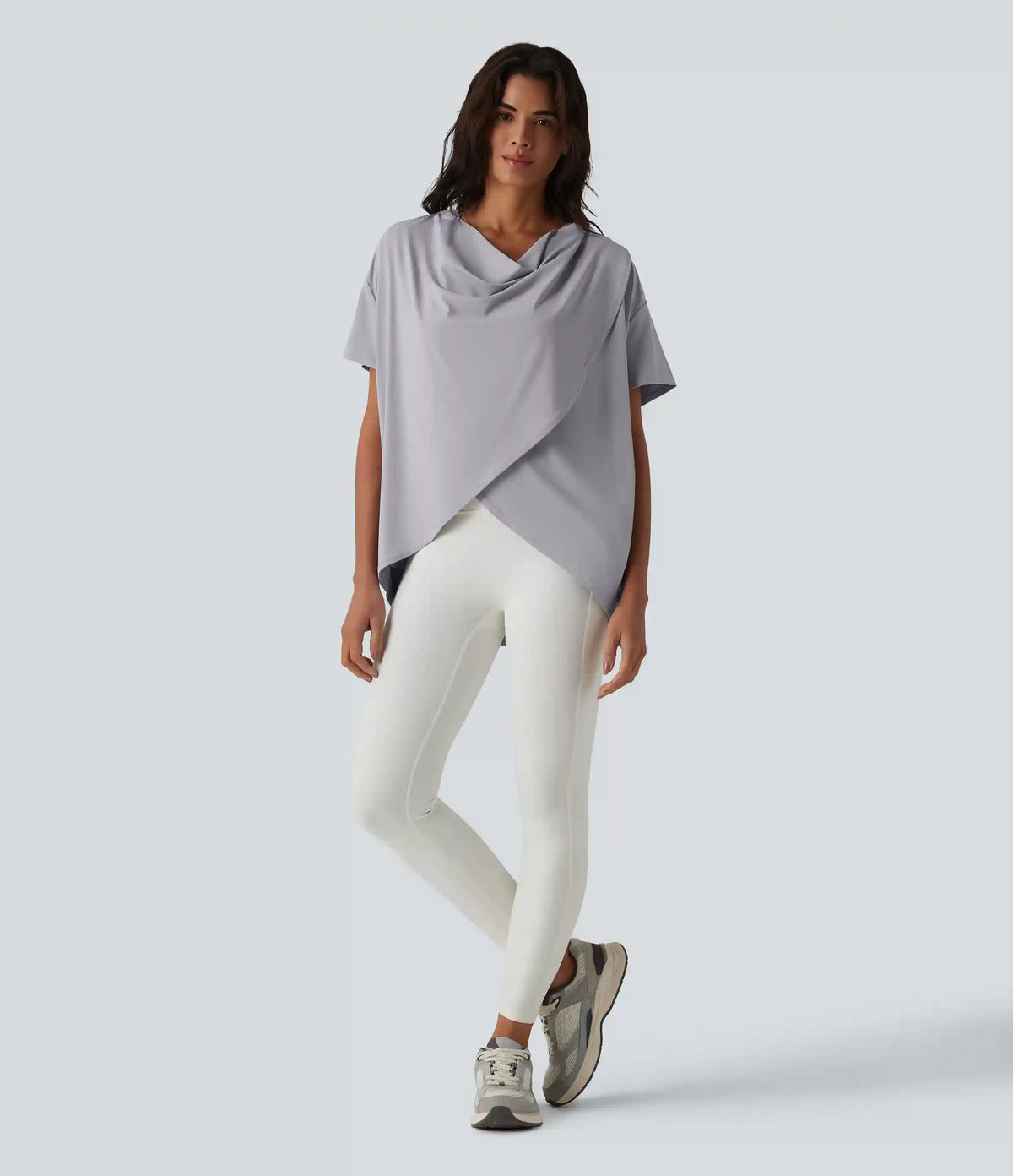 Hooded Cowl Neck Short Sleeve Yoga Sports Top with Pockets