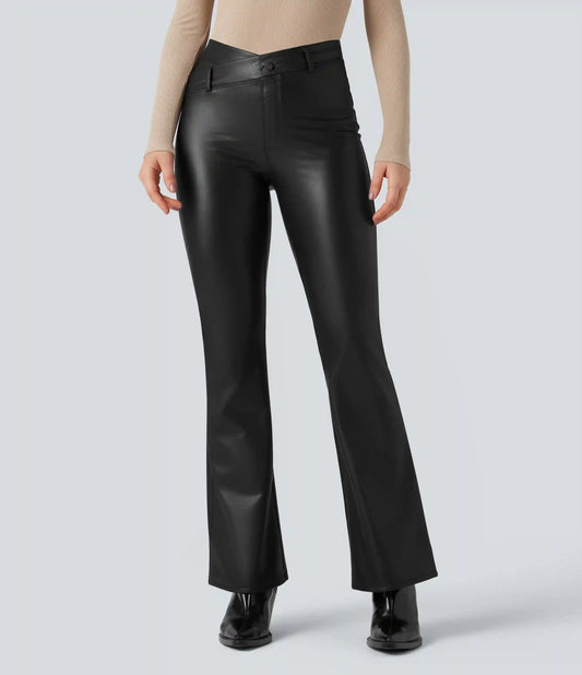 Asymmetric High Waisted Tummy Control Stretchy PU Fleece Casual Flare Pants with Pockets