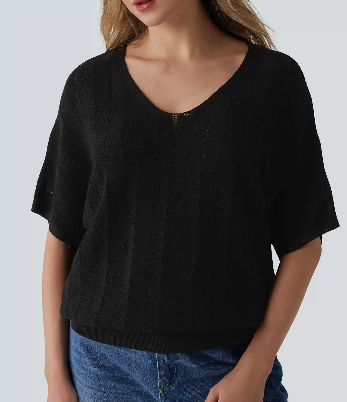 V Neck Short Sleeve Casual Sweater
