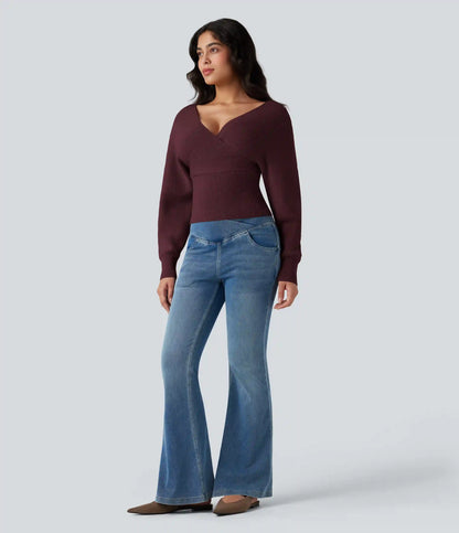 V-neck Batwing Long Sleeve Cut-out Casual Sweater