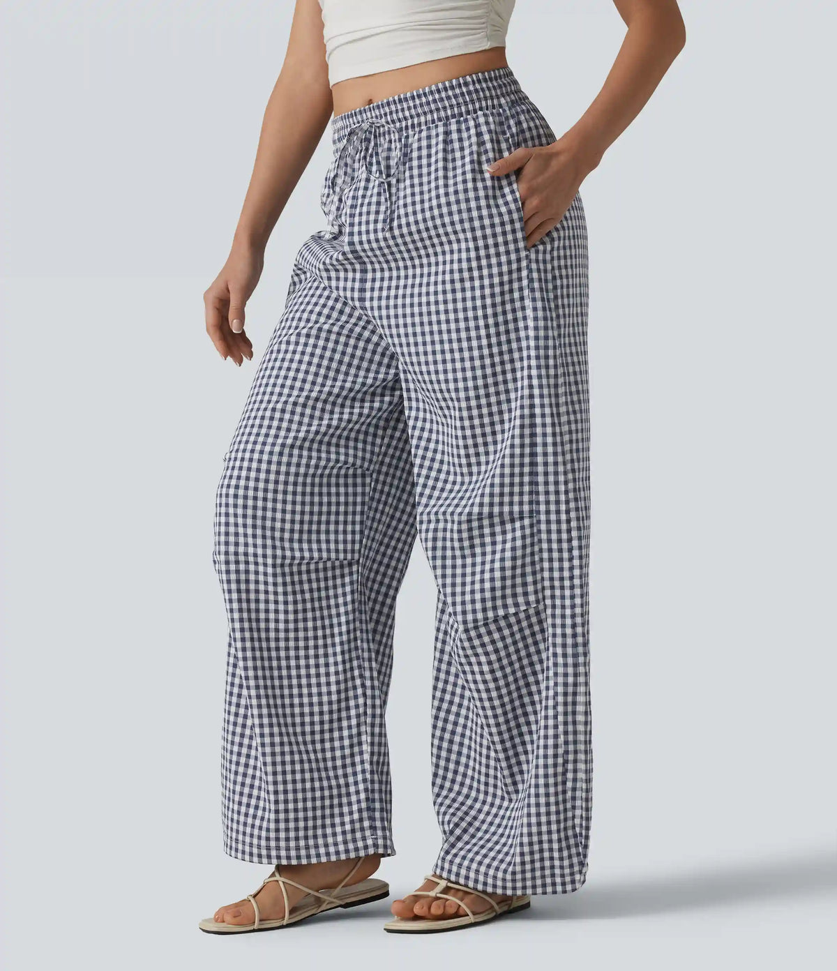 Mid Rise Drawstring Baggy Gingham Casual Pants with Pockets