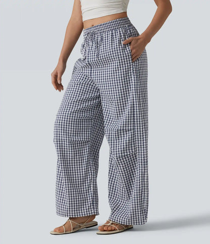Mid Rise Drawstring Baggy Gingham Casual Pants with Pockets