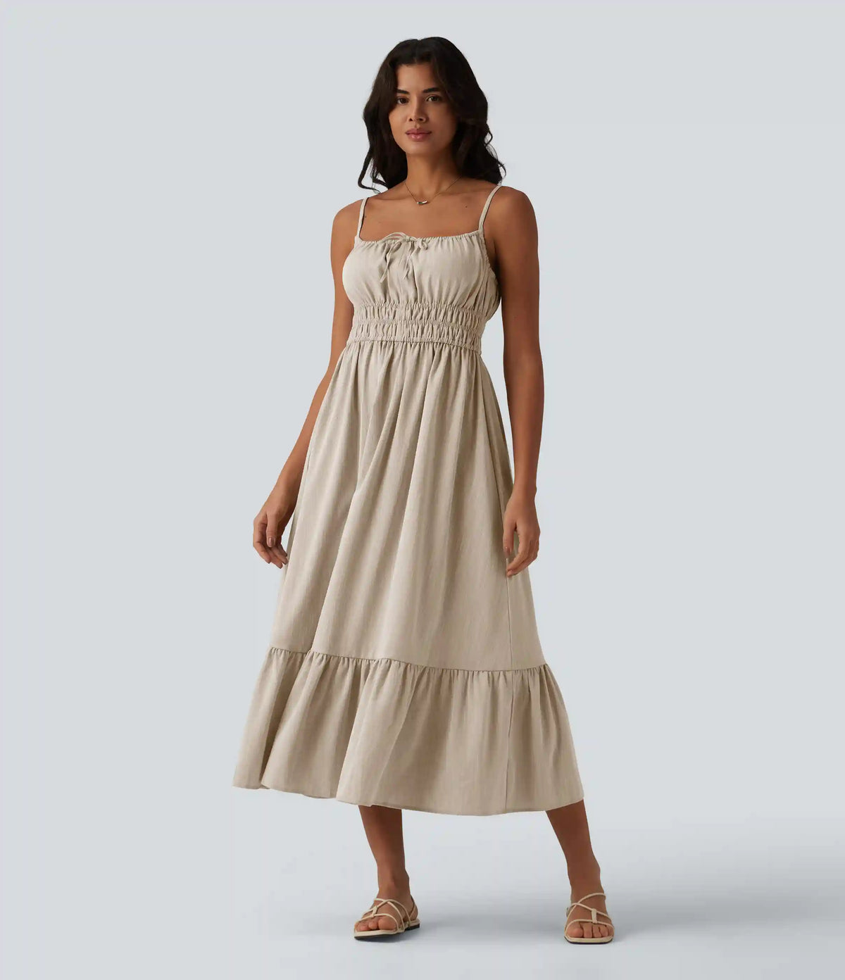 Tie Front Flowy Midi Casual Linen-Feel Slip Milkmaid Dress