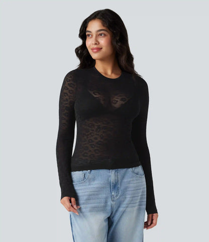 OneForm Seamless Flow Sheer Leopard Round Neck Long Sleeve Casual Sports Top