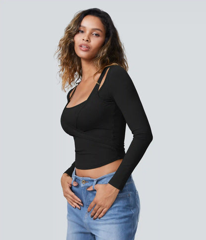Ribbed Knit Square Neck Cut Out Long Sleeve Curved Hem Cropped Casual Sports Top