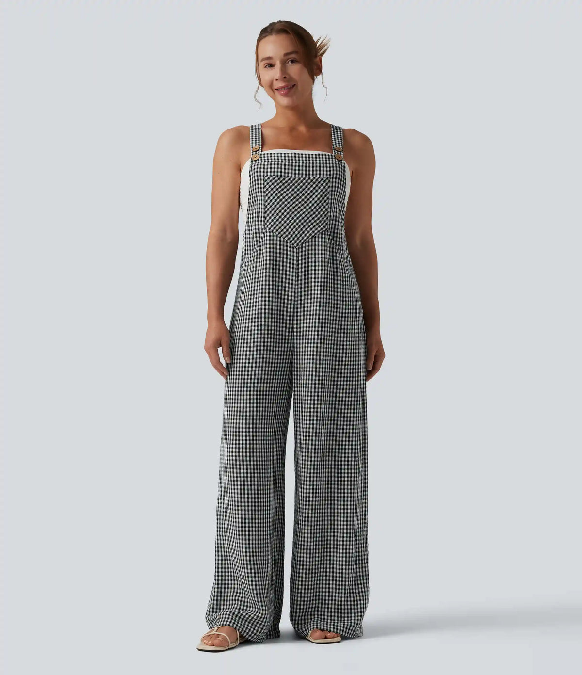 Plaid Casual Linen-Feel Overalls with Pockets