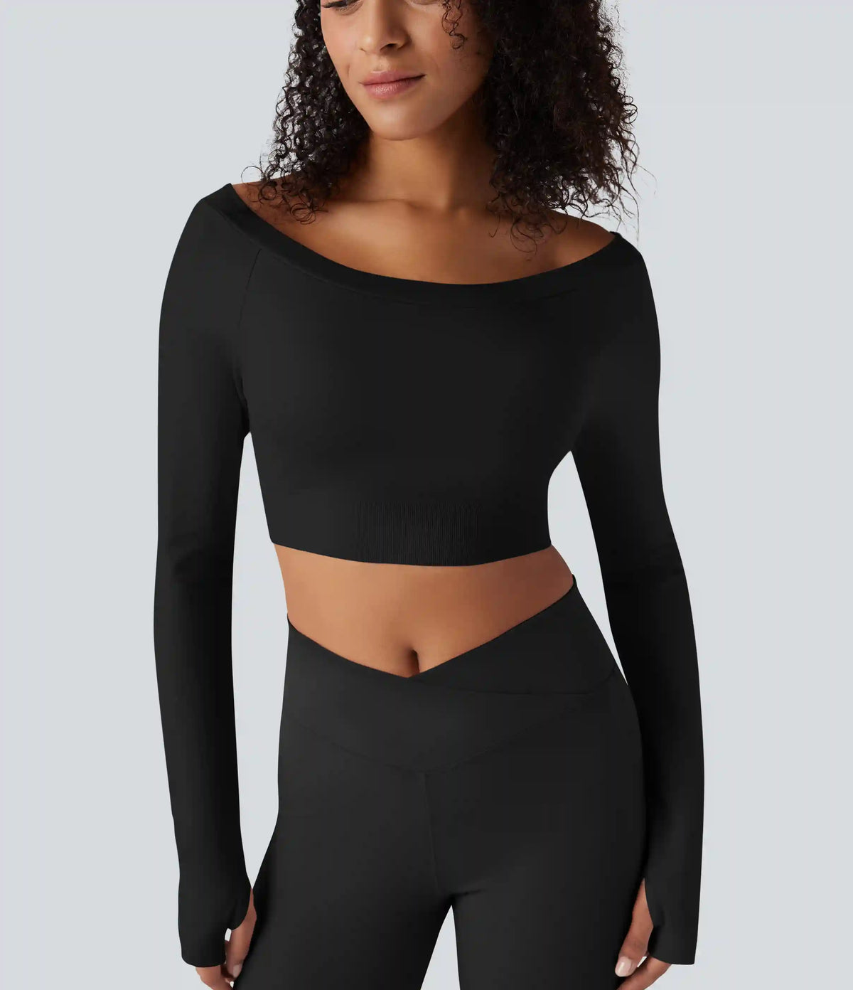 Seamless Flow Off-shoulder Long Sleeve Thumb Holes Cropped Yoga Sports Top