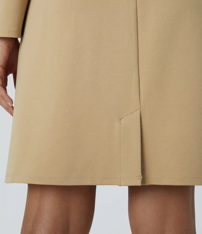Round Neck Shoulder Pad Long Sleeve Hem Slim Mini Work Dress