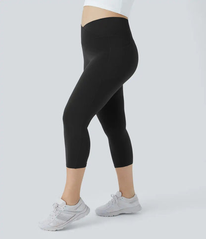SoftlyZero™ High Waisted Crossover Pocket Capri Yoga Plus Size Leggings