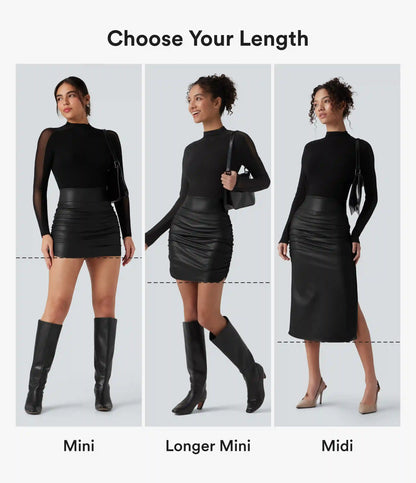High Waisted Tummy Control Ruched Curved Hem 2-in-1 Fleece PU Midi Casual Skirt