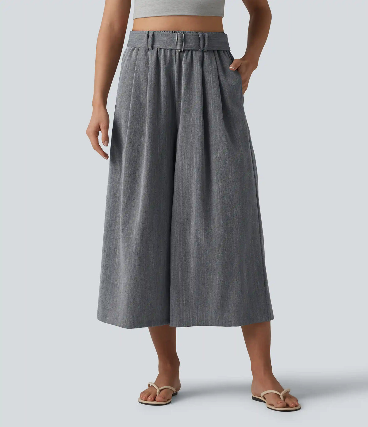 High Waisted Belted Linen-Feel Casual Cropped Baggy Pants with Pockets