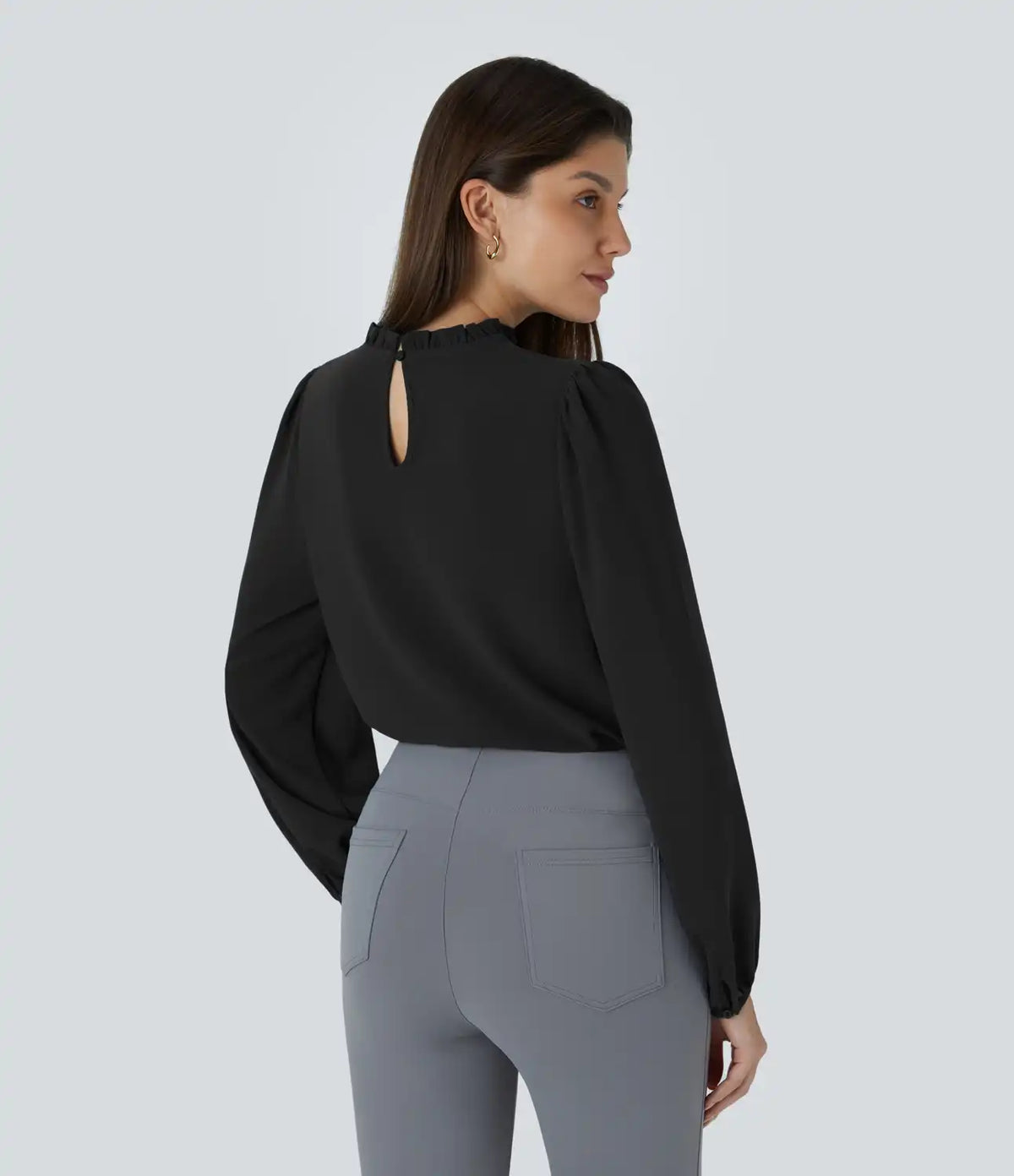 Frill Round Neck Keyhole Back Long Sleeve Work Blouse