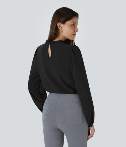 Frill Round Neck Keyhole Back Long Sleeve Work Blouse