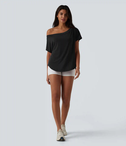One Shoulder Short Sleeve Curved Hem High Low Quick Dry Yoga Sports Top-Built-in Bra