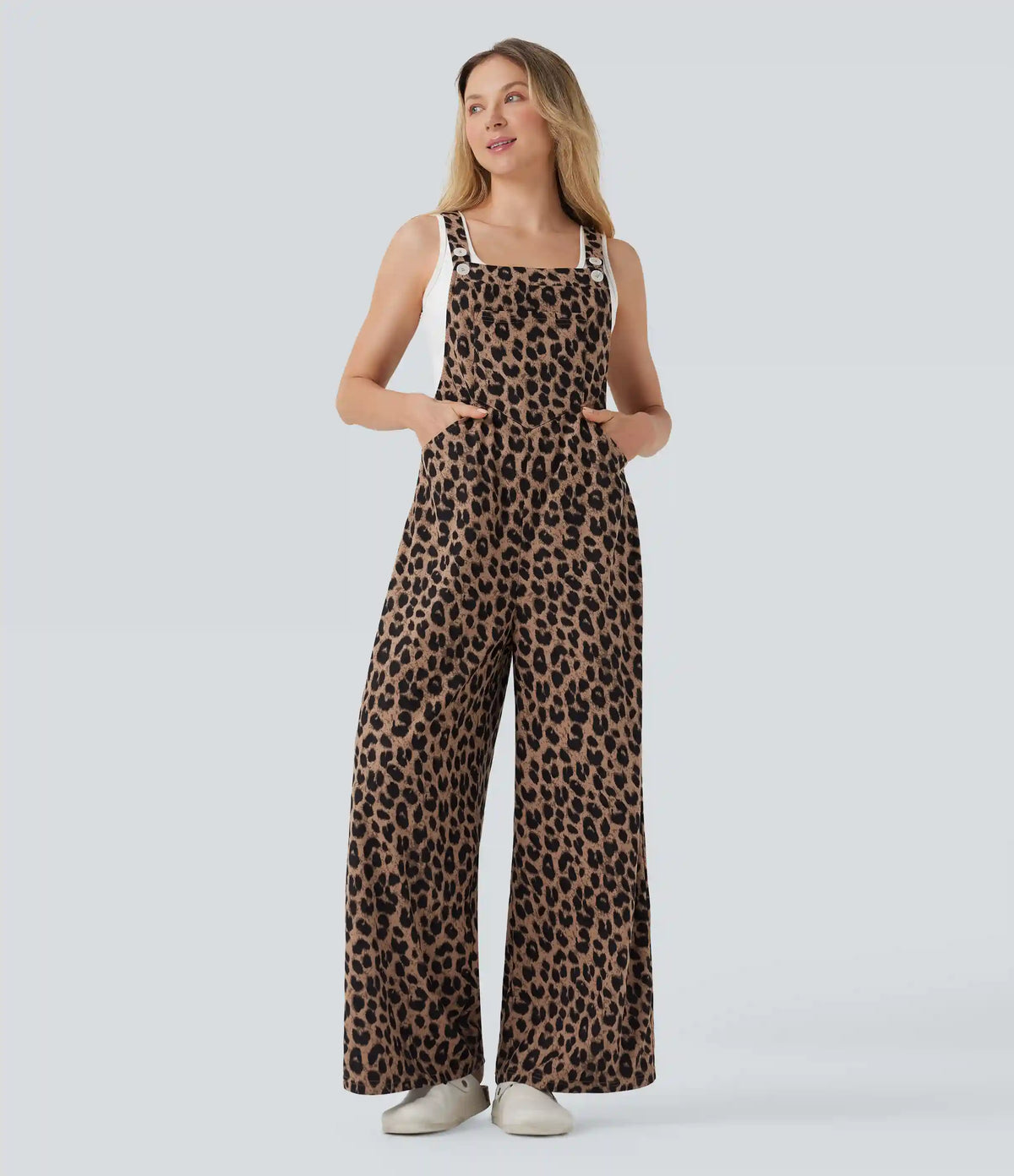 Leopard Print Waffle Casual Overalls with Pockets