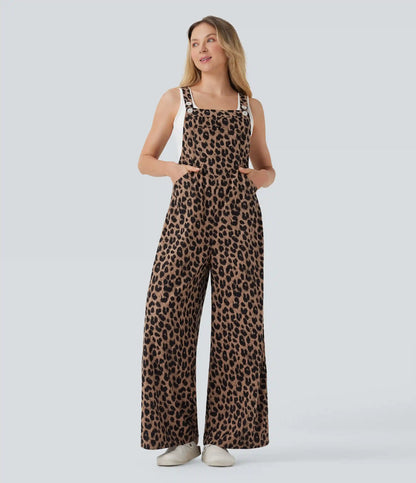 Leopard Print Waffle Casual Overalls with Pockets