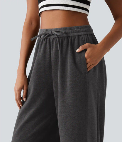 High Waisted Drawstring Straight Leg Casual Pants with Pockets