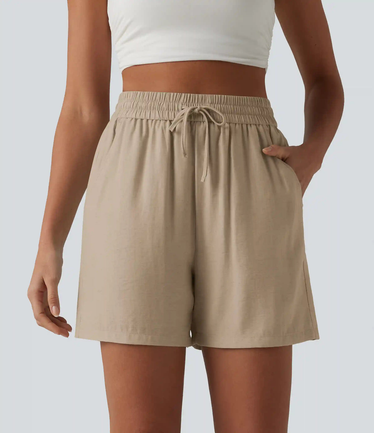 High Waisted Drawstring Casual Linen-Blend Baggy Shorts 5'' with Pockets