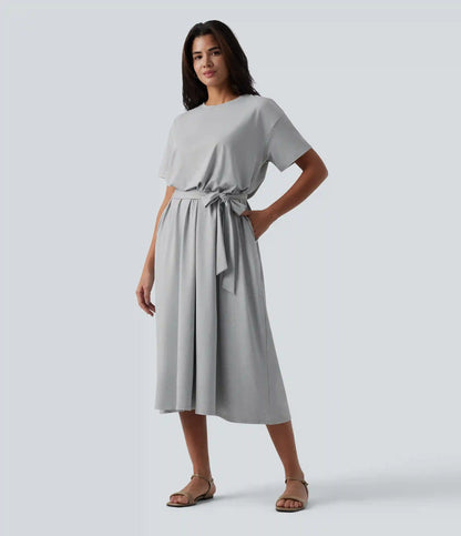 Round Neck Short Sleeve Belted Midi Flowy Casual T-Shirt Dress with Pockets