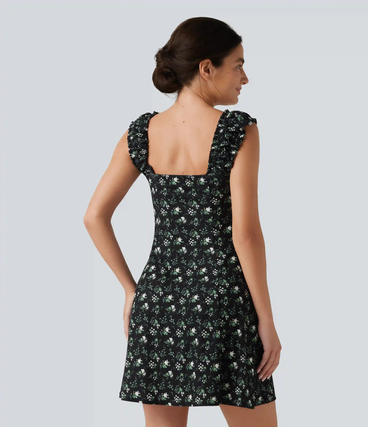 U-Neck Sleeveless Frill Ditsy Floral Built-in Bra Mini A-Line Resort Dress