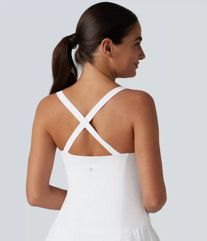 SoftlyZero™ Airy Crisscross Back Contrast Lace Built-in Bra InstantCool Tennis Active Dress with Pockets-Easy Peezy
