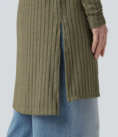 Ribbed Knit Long Sleeve Split Casual Cardigan