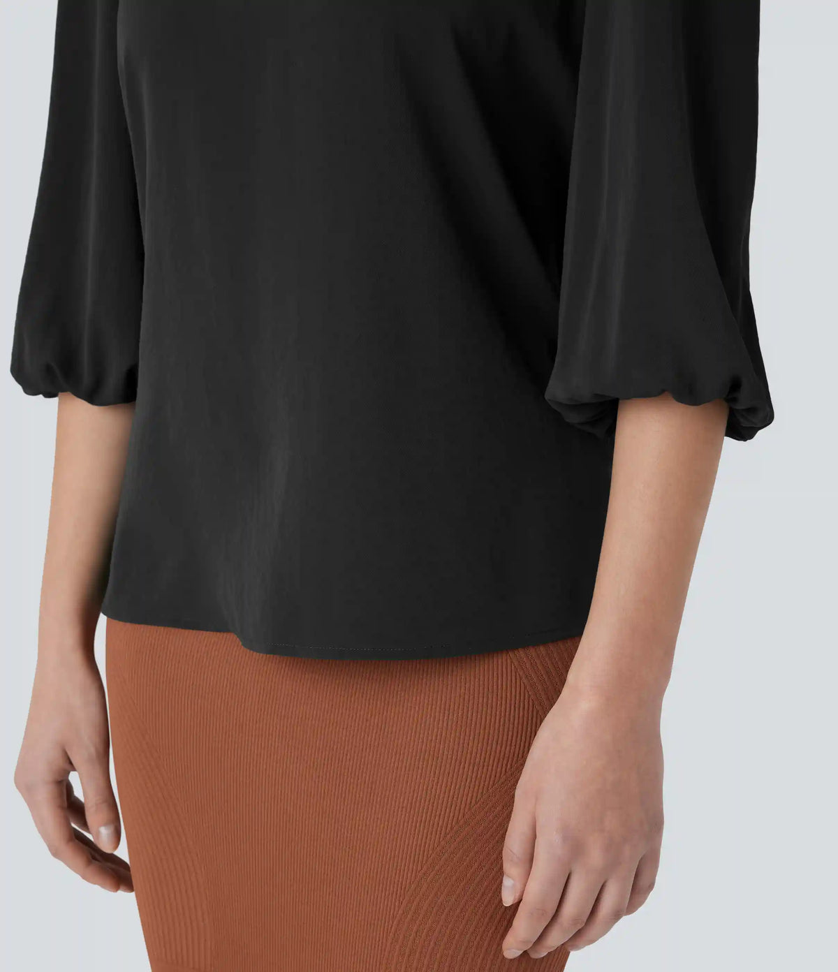 Boat Neck Keyhole Back Bishop Sleeve Work Linen-Feel Blouse