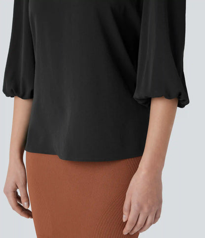 Boat Neck Keyhole Back Bishop Sleeve Work Linen-Feel Blouse