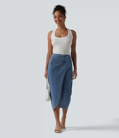 Halara Flex™ High Waisted Back Zipper Ruched Tulip Hem Midi Washed Denim Casual Skirt