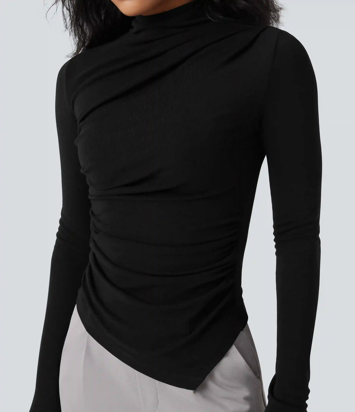 Mock-neck Long Sleeve Ruched Asymmetric Hem Thermal Casual Top