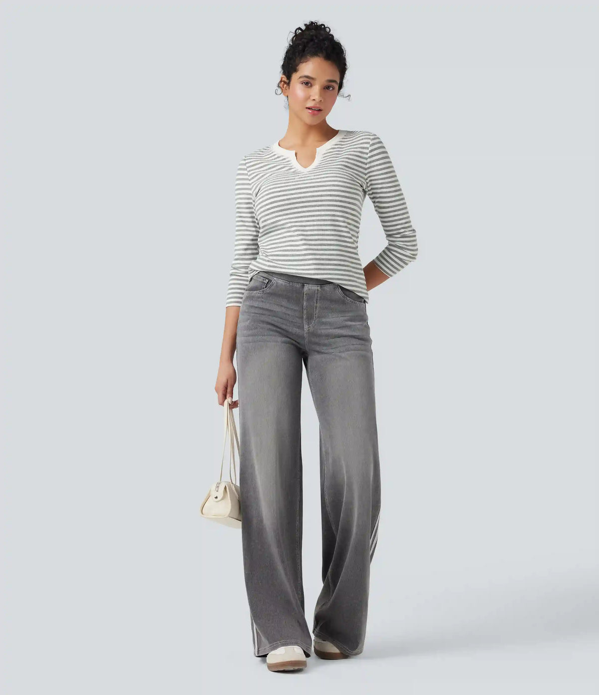 Notched Long Sleeve Stripe Casual Top