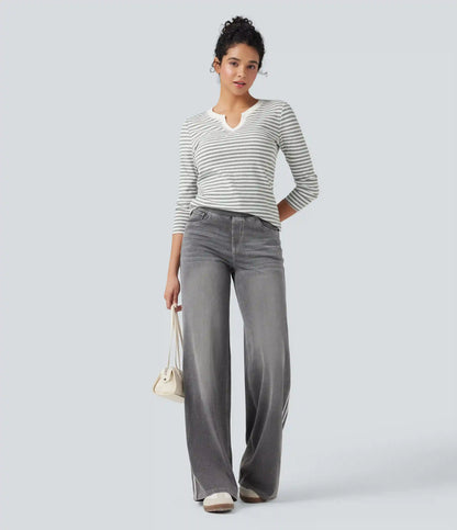 Notched Long Sleeve Stripe Casual Top
