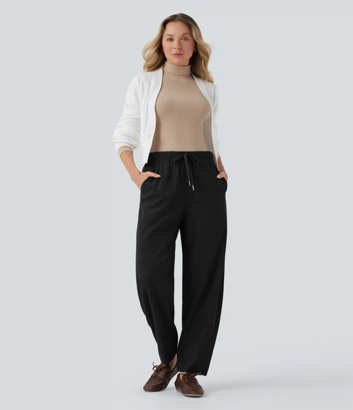 Mid Rise Drawstring Barrel Leg Corduroy Casual Pants with Pockets