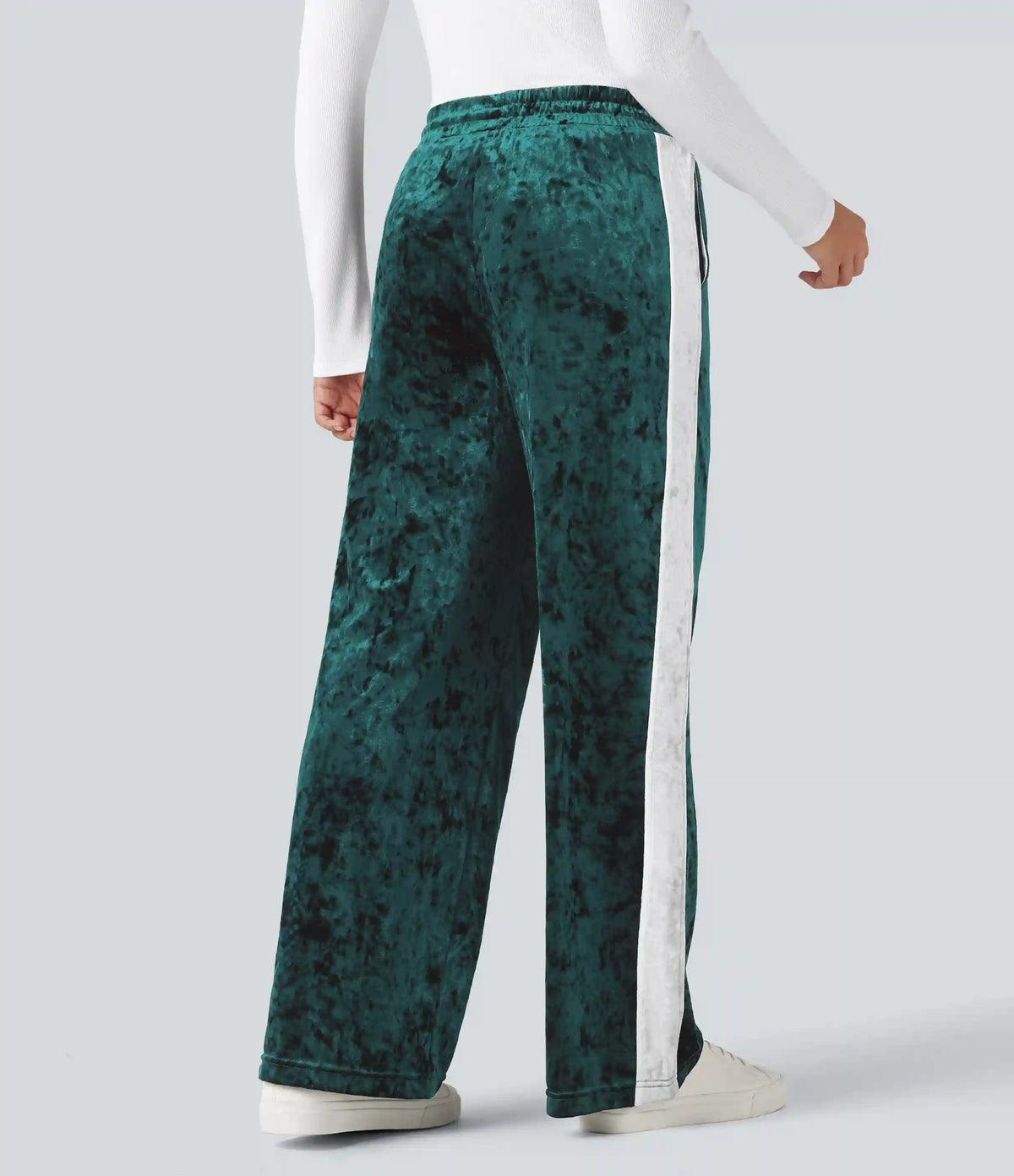 Mid Rise Drawstring Color Block Velvet Casual Straight Leg Pants with Pockets