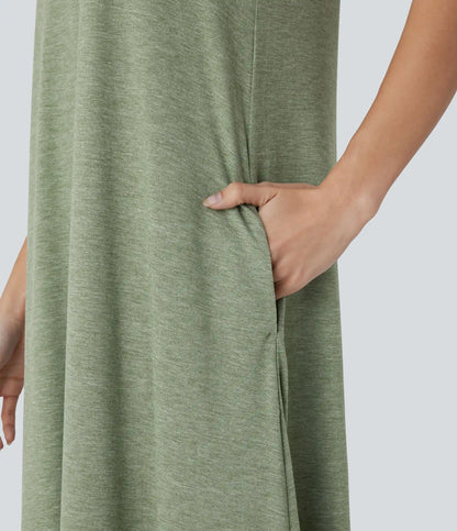 Round Neck Sleeveless Pocket High Low Flowy Maxi Casual Dress