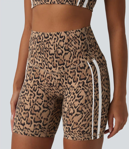 Halara UltraSculpt™ Leopard Print High Waisted Tummy Control Color Block Stripes Training Biker Shorts 7'' with Pockets