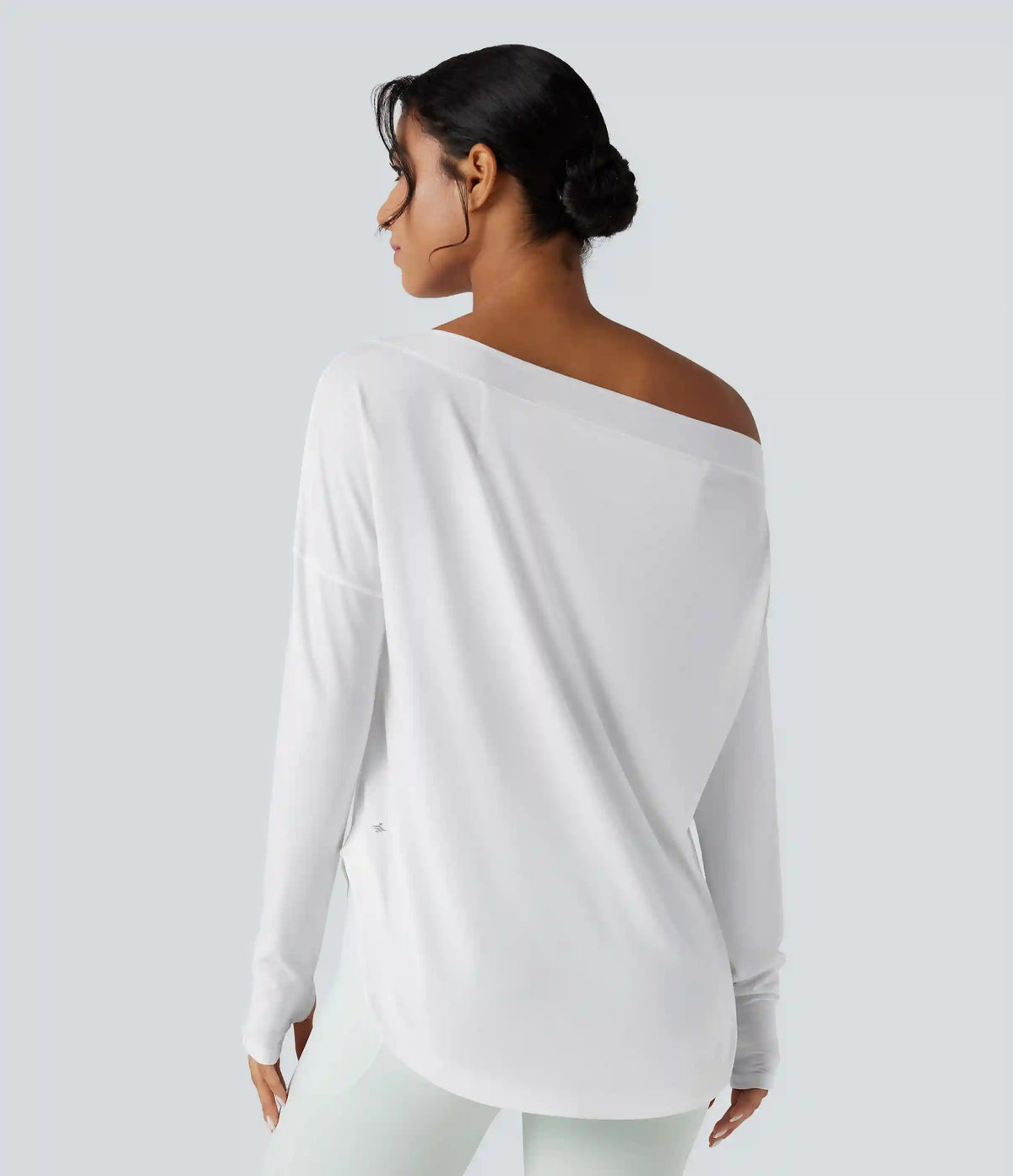 One Shoulder Long Sleeve Thumb Hole Curved Hem High Low Quick Dry Yoga Sports Top-Built-in Bra