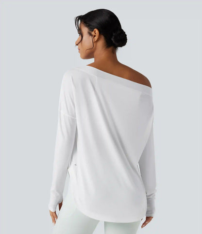 One Shoulder Long Sleeve Thumb Hole Curved Hem High Low Quick Dry Yoga Sports Top-Built-in Bra