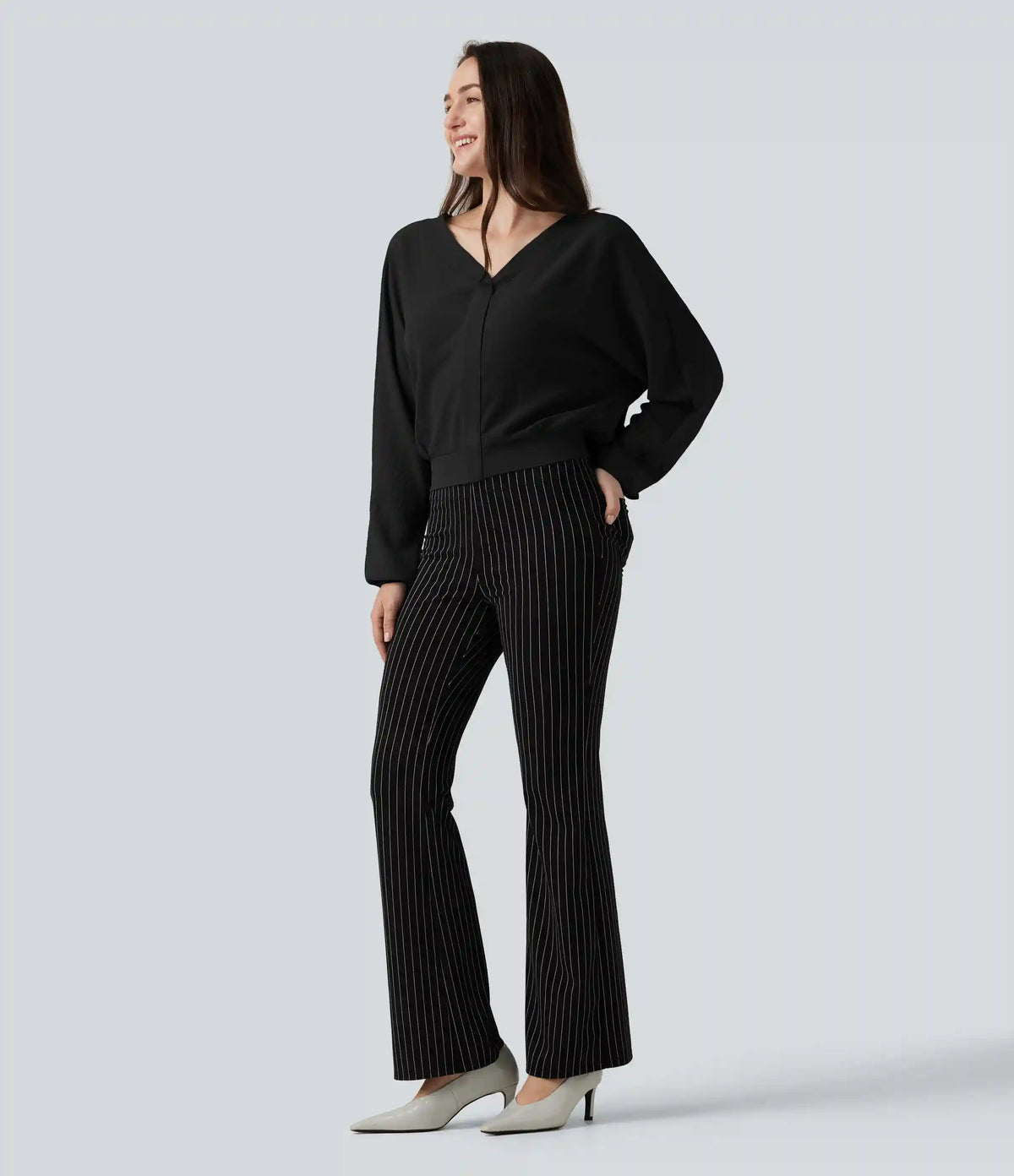 V Neck Batwing Long Sleeve Relaxed Work Blouse