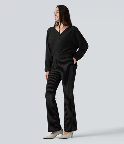 V Neck Batwing Long Sleeve Relaxed Work Blouse