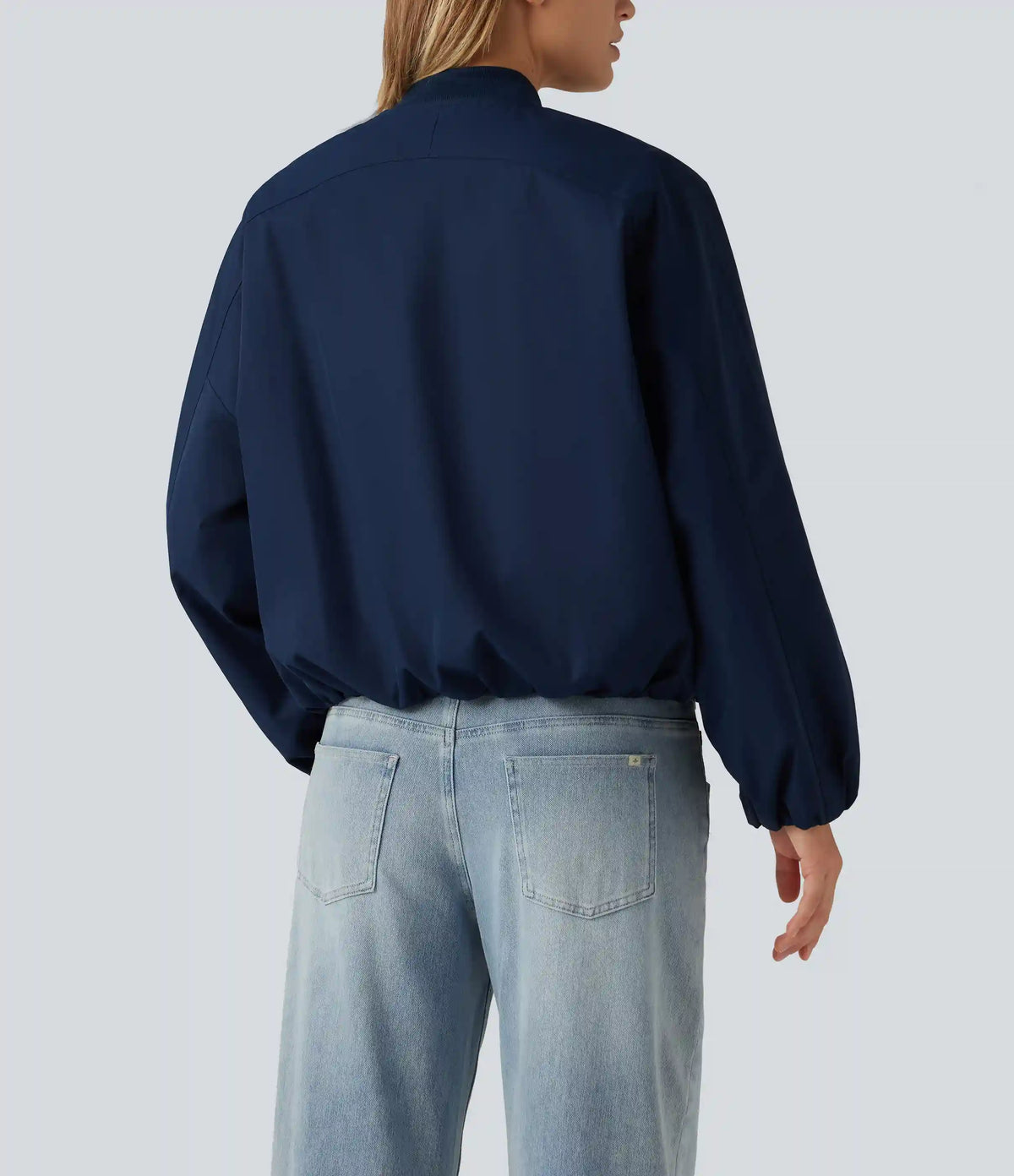 Round Neck Long Sleeve Casual Bomber Jacket with Pockets