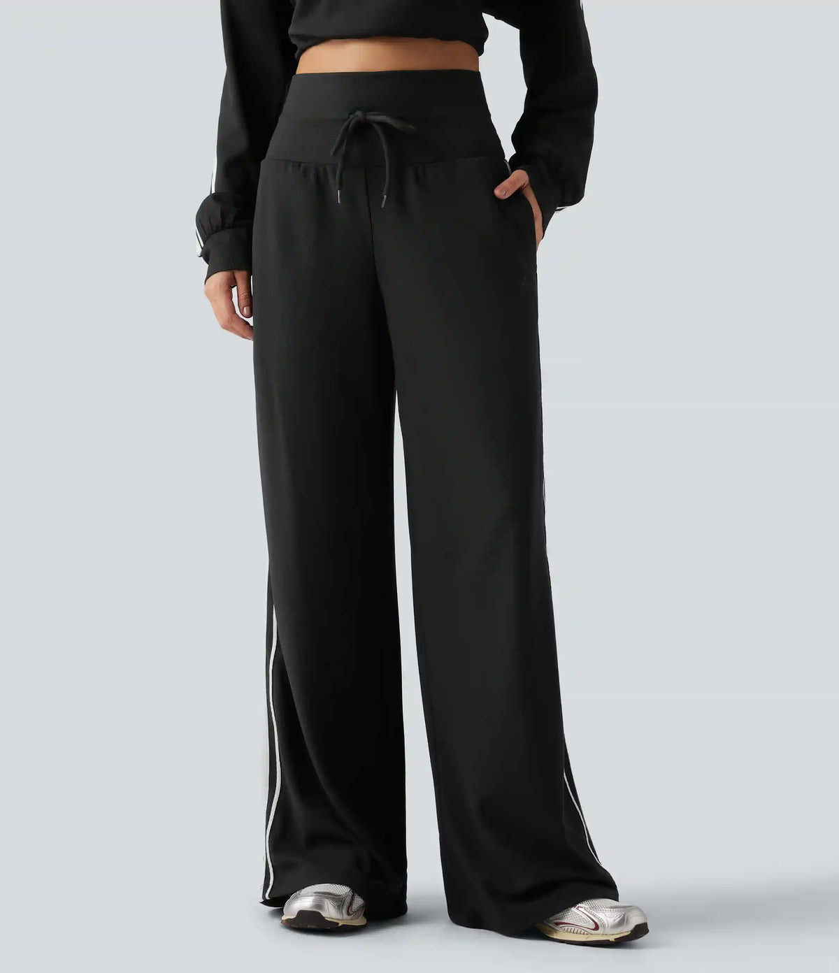 High Waisted Drawstring Wide Leg Side Stripe Waffle Casual Pants with Pockets