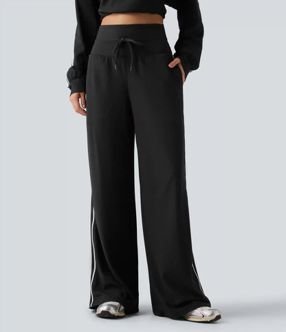 High Waisted Drawstring Wide Leg Side Stripe Waffle Casual Pants with Pockets