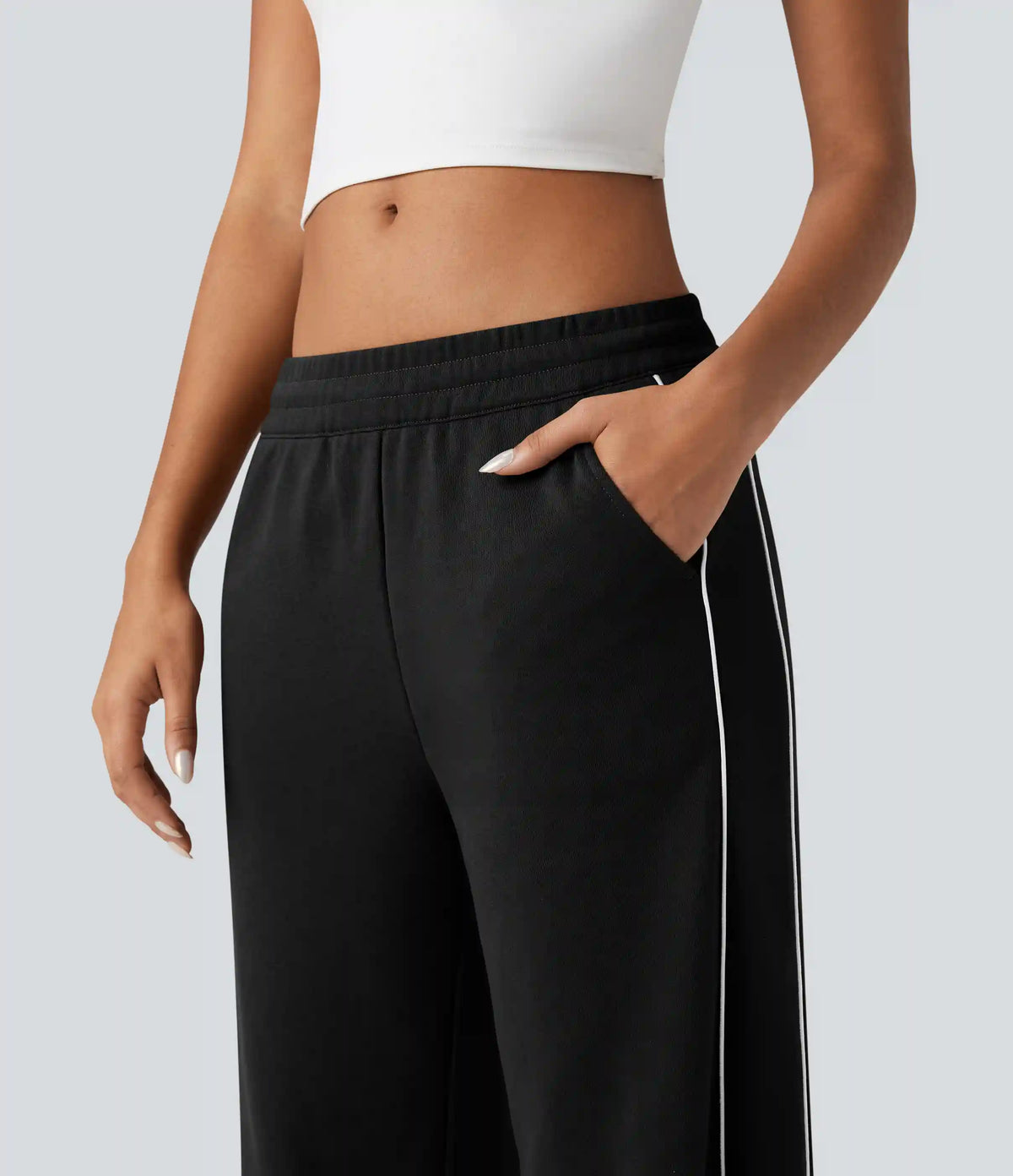 Mid Rise Drawstring Straight Leg Color Block Casual Cotton Pants with Pockets