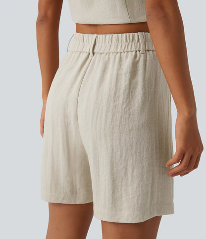 High Waisted Casual Linen-Feel Shorts with Pockets